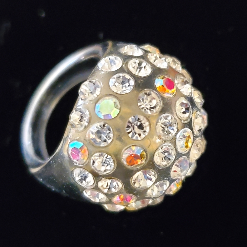 Lucite Aurora Borealis Rhinestone Studded Dome Ring Size 6 1/2